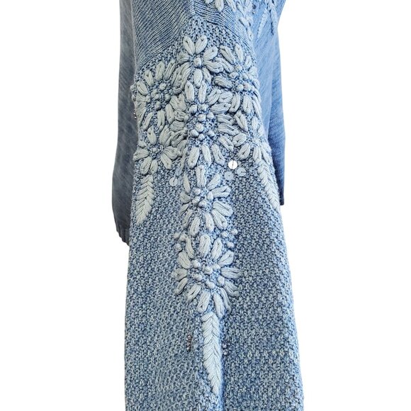 Soft Surroundings Blue Embroidered Floral Cotton Knit Sweater V-Neck Size Med - Picture 7 of 12